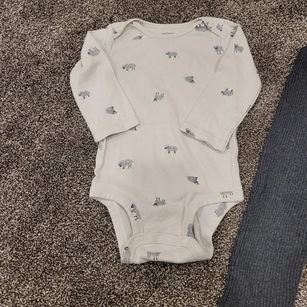 Carters 18M Sheep Print Bodysuit and Gray Ribbed Suspender Pants Set 2pc